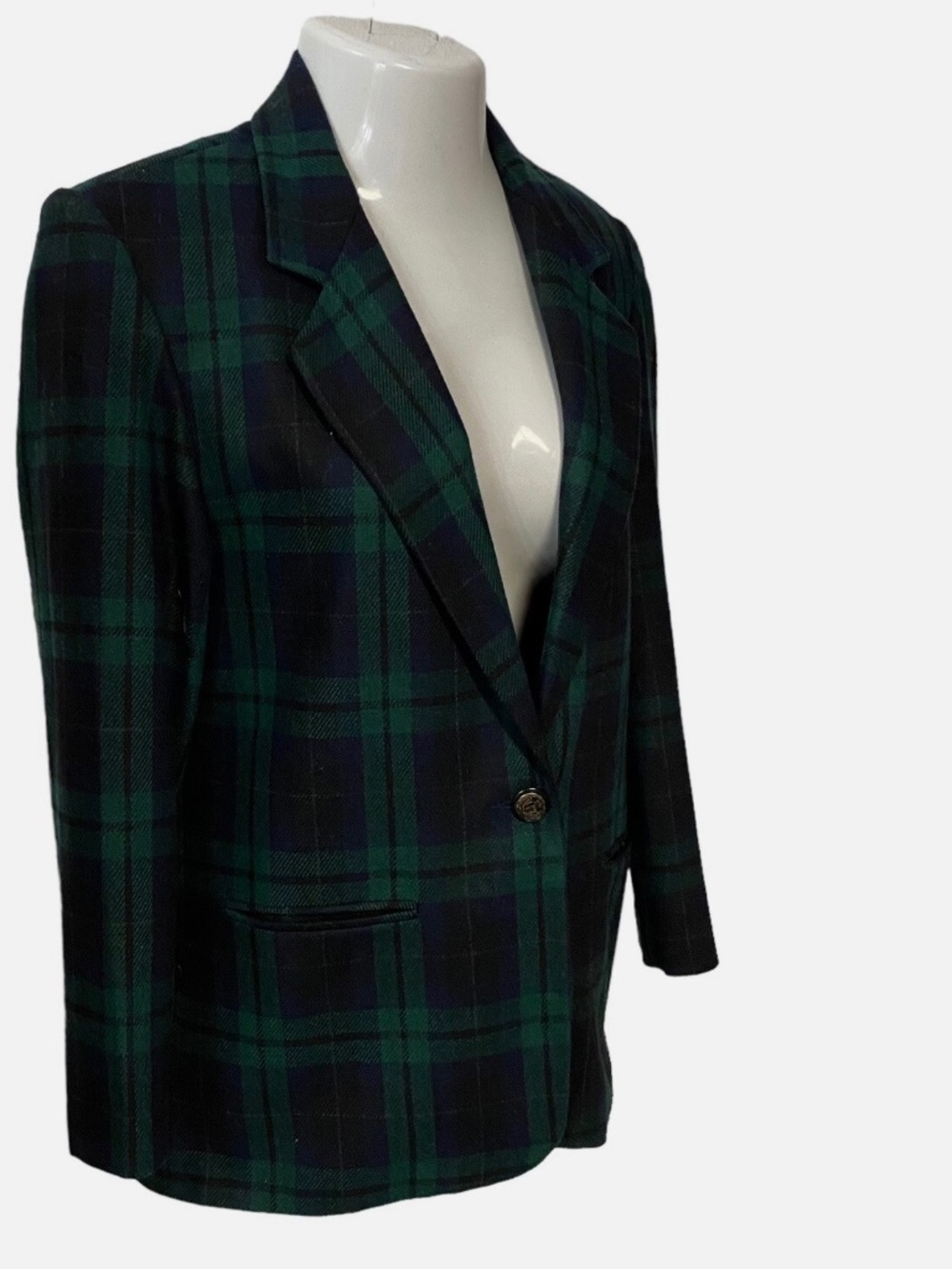 Vintage Plaid Wool Blend Blazer Jacket Dark Academia Green Black Size 14 Oversiz